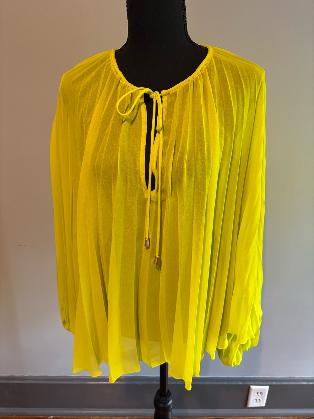 Zara Yellow Sheer Tie-Neck Pleated Blouse